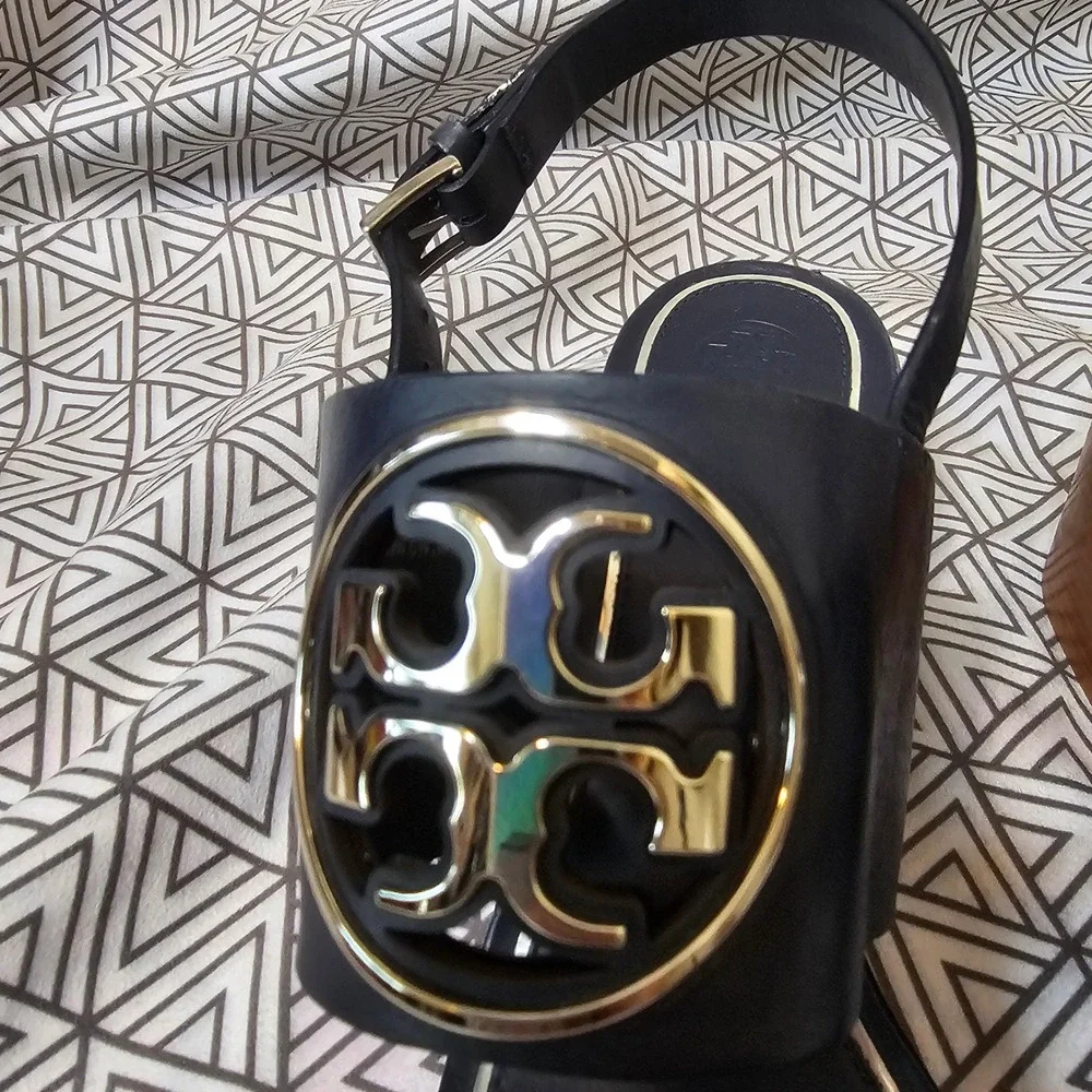 Tory Burch Metal Miller Leather Wedge Sandals Navy Blue Silver Size 8.5